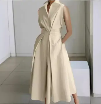 欧美跨境连衣裙2024夏季新款通勤时尚纯色V领女装纽扣大摆连衣裙