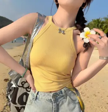 针织挂脖吊带背心女夏季亮黄2025新款外穿无袖打底无胸垫上衣跨境