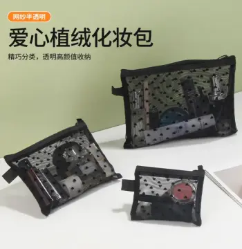 跨境网纱化妆包随身零钱耳机收纳袋便携旅行洗漱包植绒爱心口红包