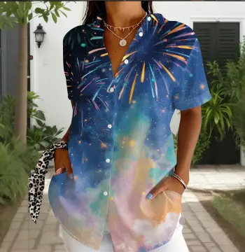 夏季新款烟花星空印花衬衫女 短袖翻领宽松休闲衬衣 百搭通勤女装