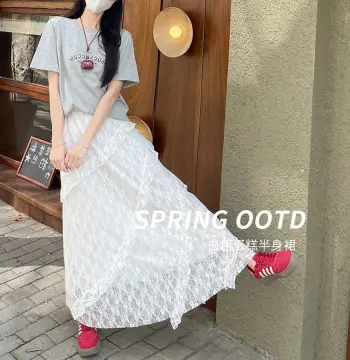 白色蕾丝蛋糕裙女夏季2026新款高腰a字不规则半裙中长款半身裙子