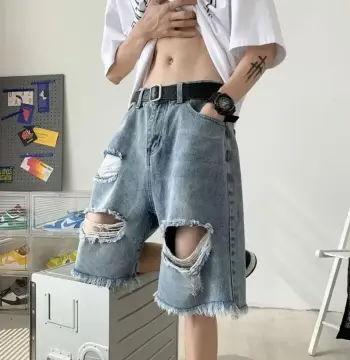 欧美vibe破洞牛仔短裤男士夏季小众设计感宽松痞帅炸街休闲五分裤