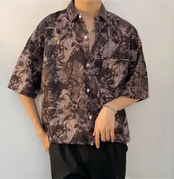 夏威夷街头复古水墨花卉满印短袖衬衫男潮牌bf慵懒风休闲花衬衣
