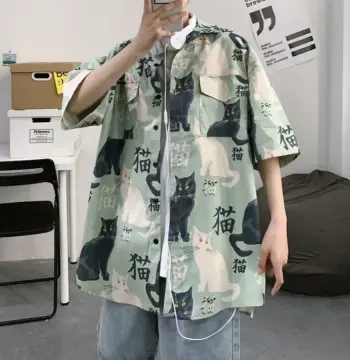 夏季日系短袖衬衫男半袖寸衫港风潮流猫咪印花学生宽松休闲衬衣潮