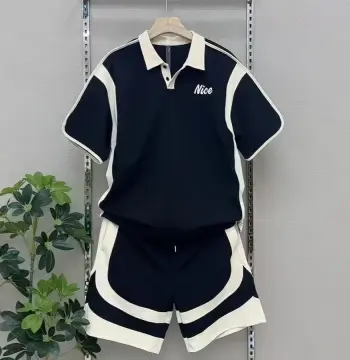 夏日清爽男款衫短裤夏季两件套休闲运动撞色拼接刺绣套装