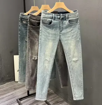 牛仔裤男破洞小脚裤韩版修身男士九分裤潮流夏季浅色裤子弹力水洗