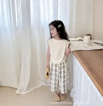 女童夏季套装儿童洋气透气网眼时尚上衣女宝碎花阔腿裤休闲中小童