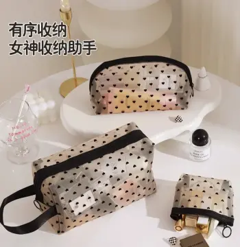 现货款小众爱心网纱化妆包女随身便携大号口红化妆品高颜值收纳包